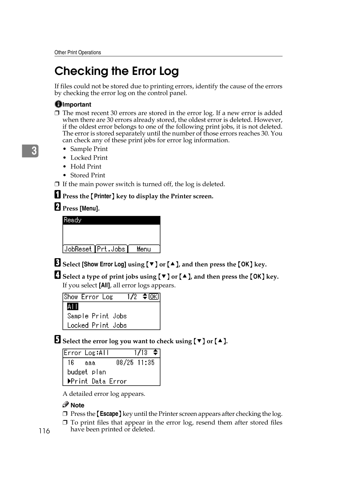 Ricoh GS 106, LD215c, SGC 1506 appendix Checking the Error Log 