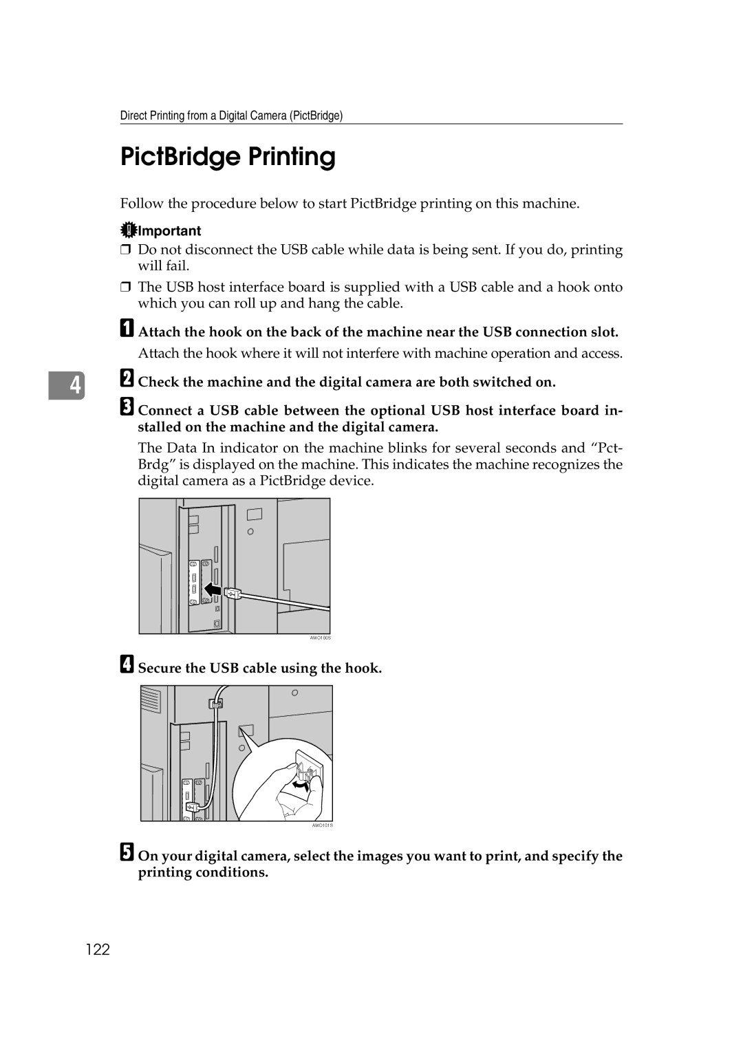 Ricoh GS 106, LD215c, SGC 1506 appendix PictBridge Printing, 122, Secure the USB cable using the hook 