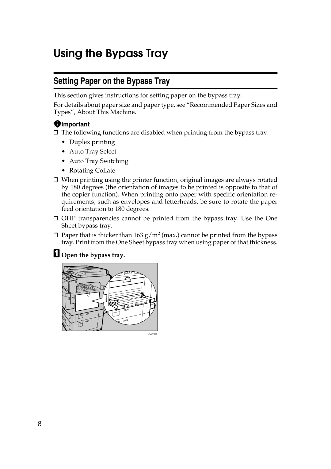 Ricoh GS 106, LD215c, SGC 1506 appendix Using the Bypass Tray, Setting Paper on the Bypass Tray, Open the bypass tray 