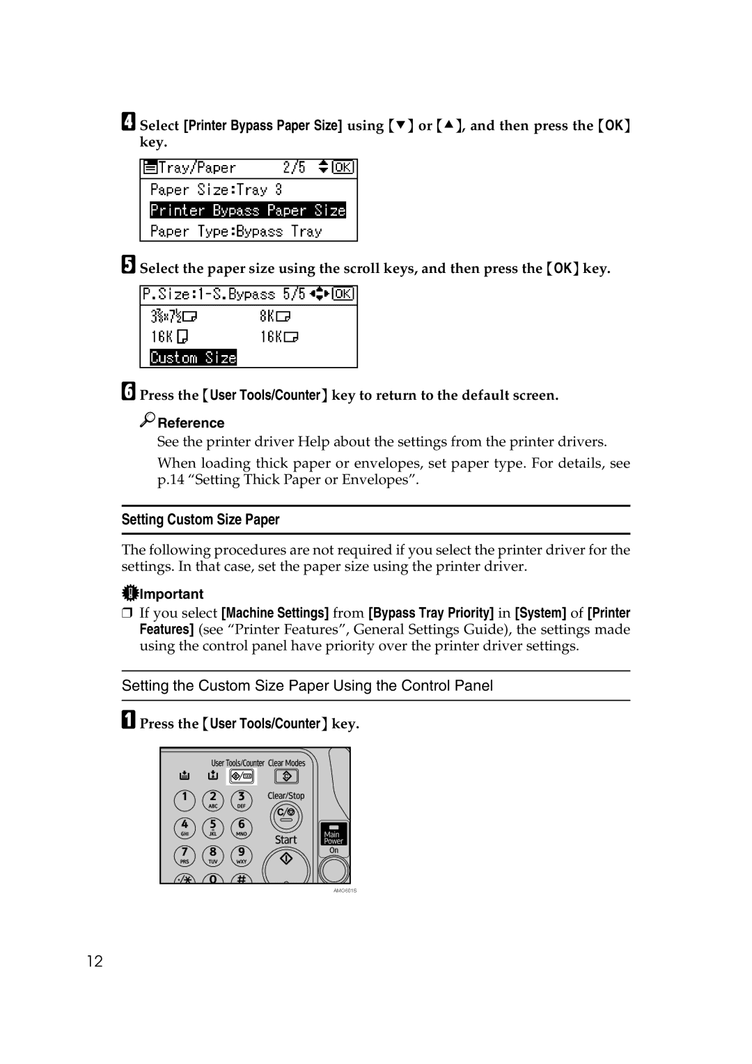 Ricoh SGC 1506, LD215c, GS 106 appendix Setting Custom Size Paper, Setting the Custom Size Paper Using the Control Panel 