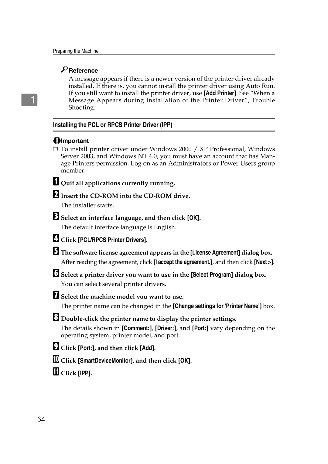 Ricoh LD215c, GS 106, SGC 1506 appendix Installing the PCL or Rpcs Printer Driver IPP 