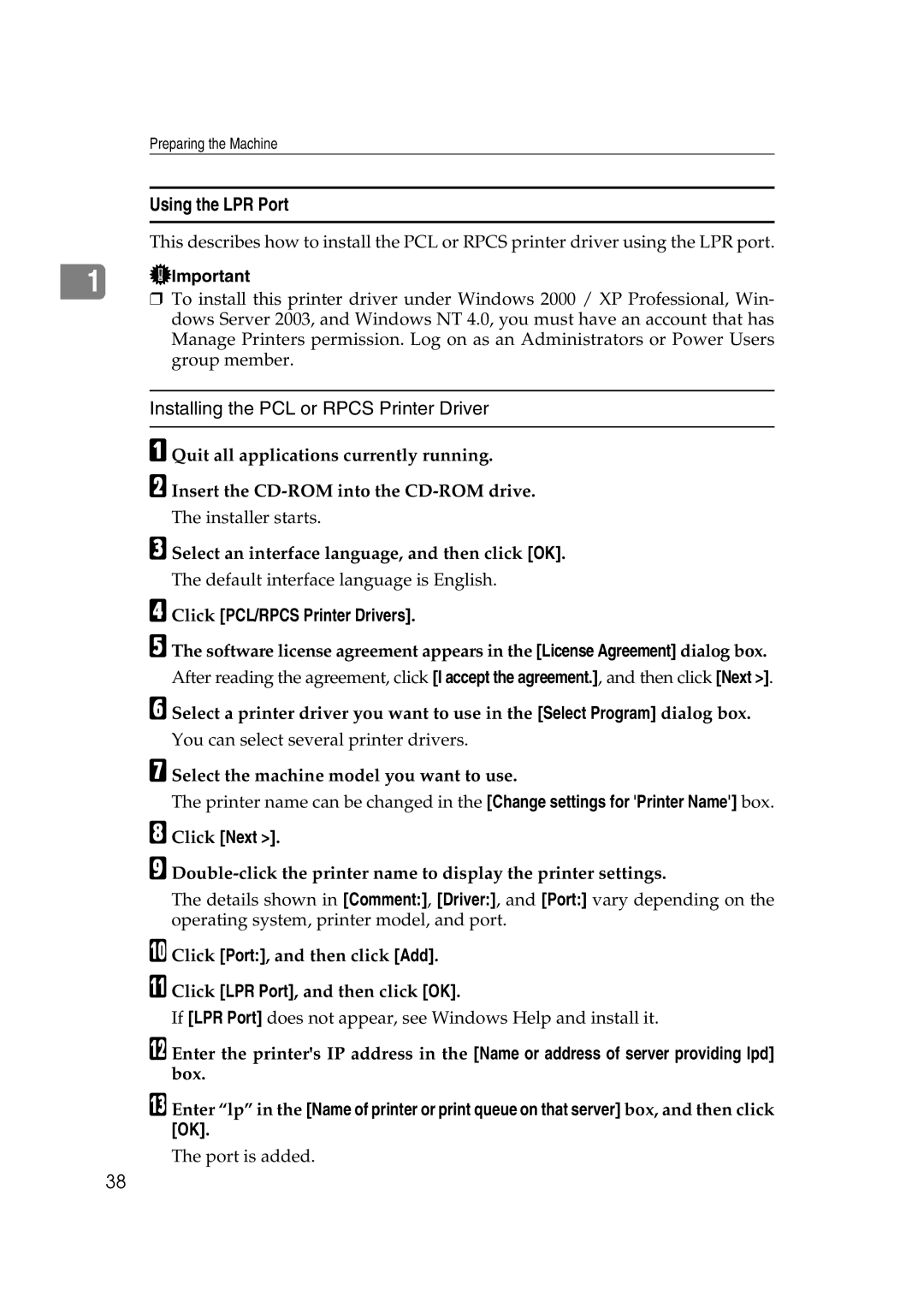 Ricoh GS 106, LD215c, SGC 1506 appendix Using the LPR Port 