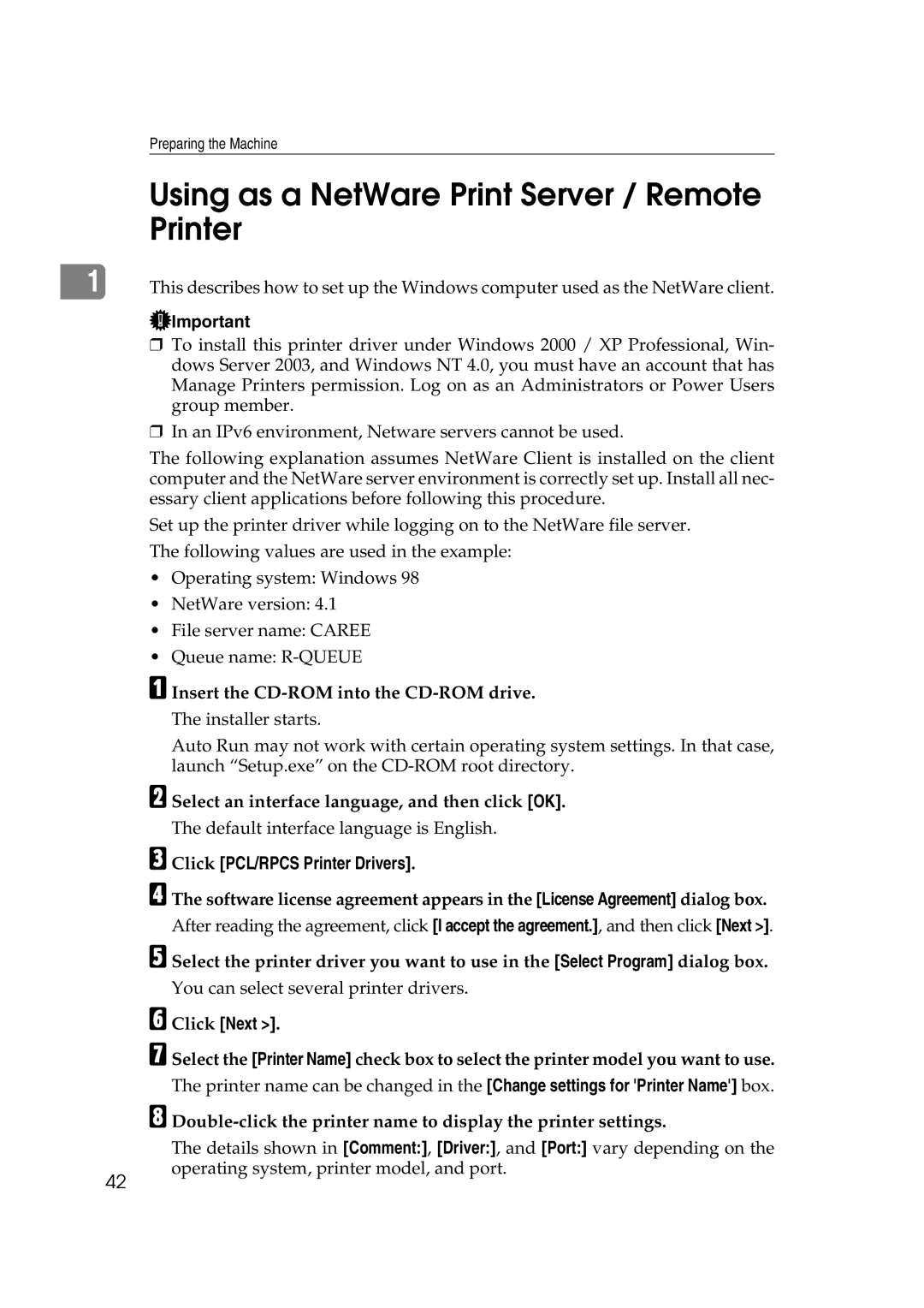 Ricoh SGC 1506, LD215c, GS 106 appendix Using as a NetWare Print Server / Remote Printer 