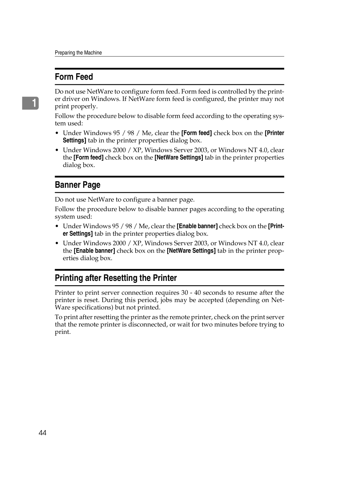 Ricoh GS 106, LD215c, SGC 1506 appendix Form Feed, Banner, Printing after Resetting the Printer 