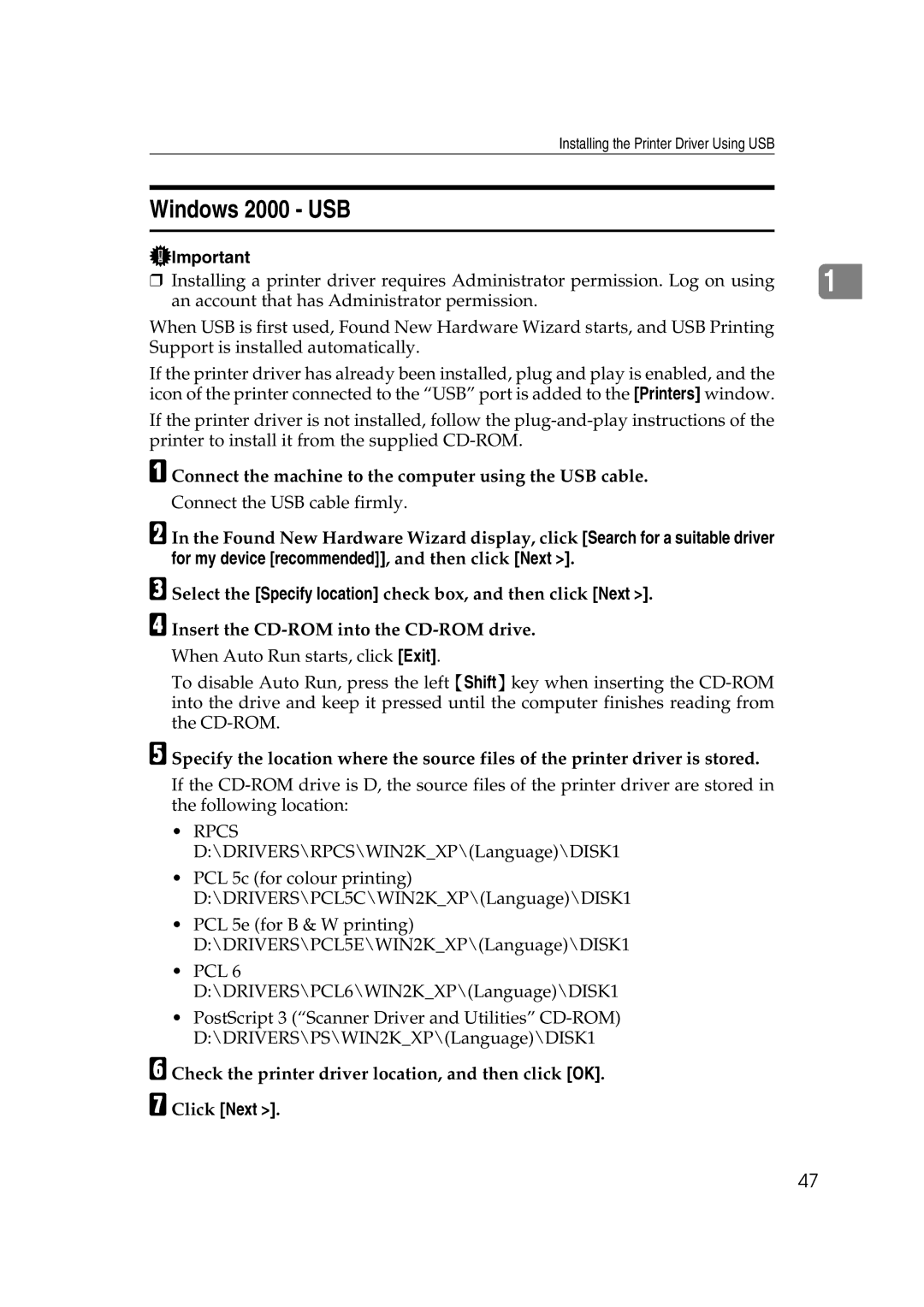 Ricoh GS 106, LD215c, SGC 1506 appendix Windows 2000 USB, Check the printer driver location, and then click OK 