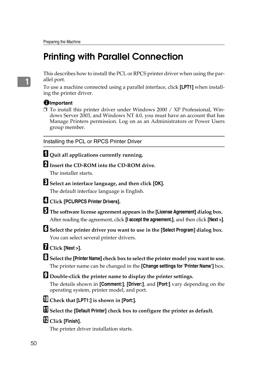 Ricoh GS 106, LD215c, SGC 1506 appendix Printing with Parallel Connection, Select an interface language, and then click OK 