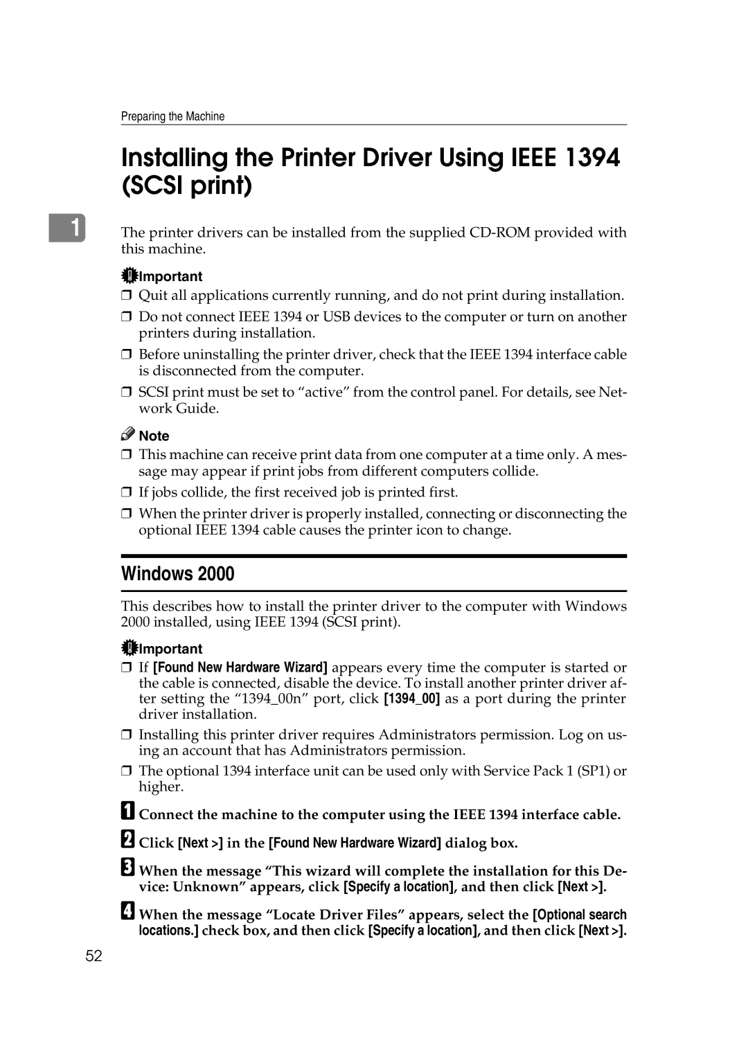 Ricoh LD215c, GS 106, SGC 1506 appendix Installing the Printer Driver Using Ieee 1394 Scsi print, Windows 