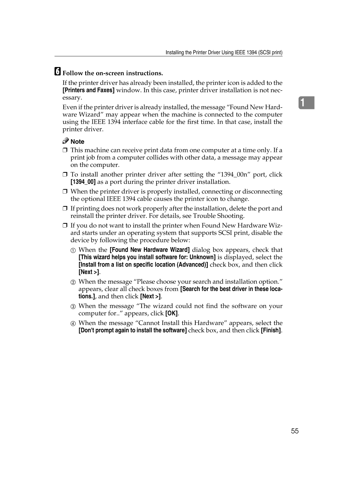 Ricoh LD215c, GS 106, SGC 1506 appendix Installing the Printer Driver Using Ieee 1394 Scsi print 