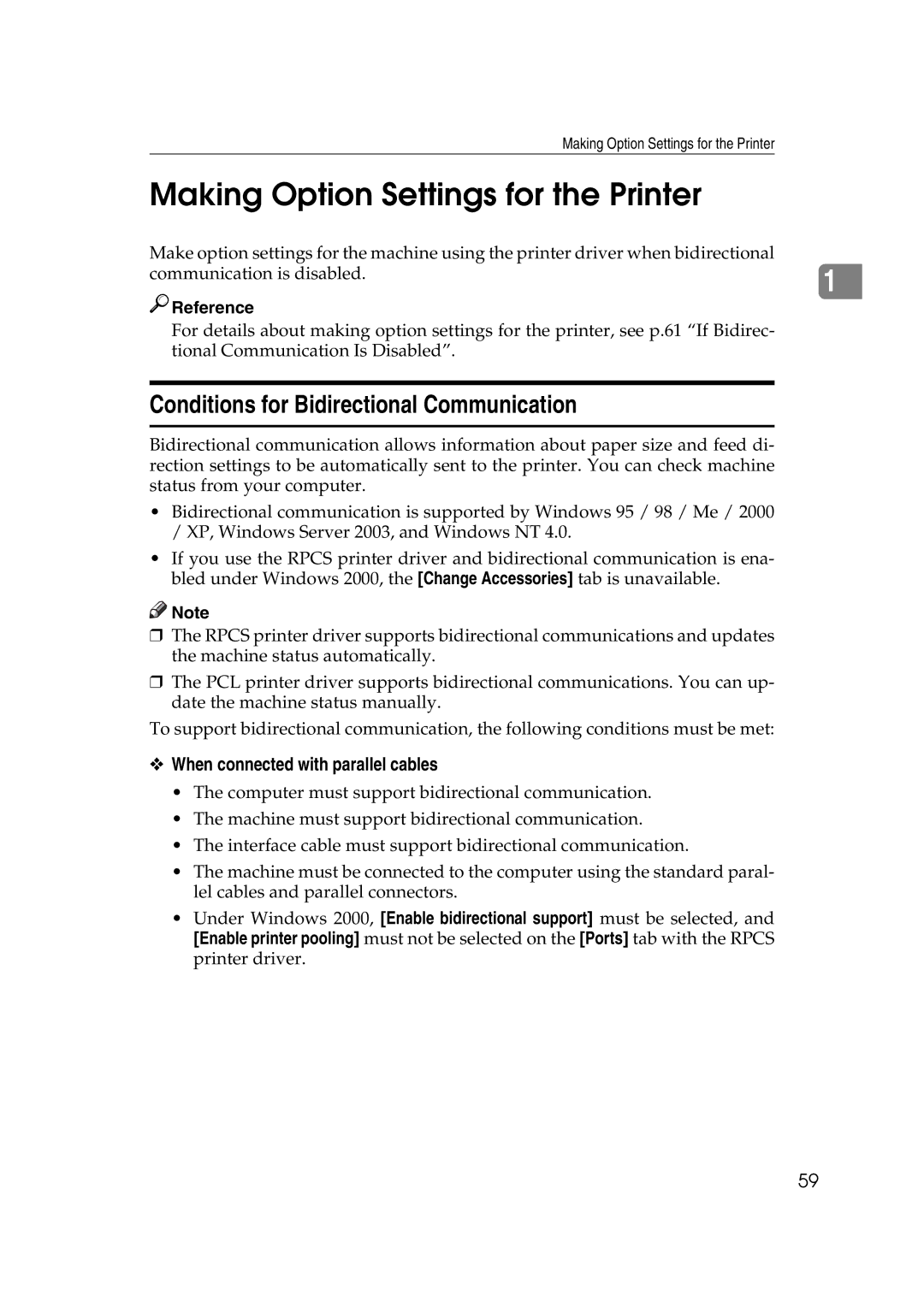 Ricoh GS 106, LD215c, SGC 1506 appendix Making Option Settings for the Printer, Conditions for Bidirectional Communication 