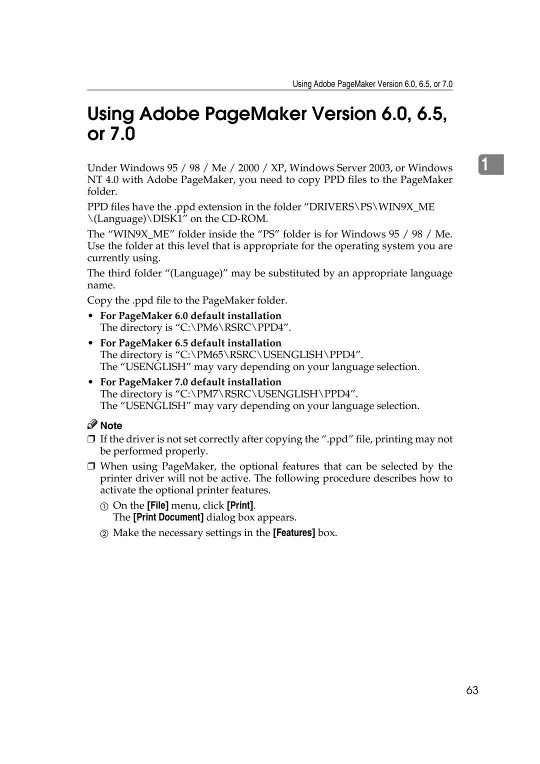 Ricoh SGC 1506, LD215c, GS 106 appendix Using Adobe PageMaker Version 6.0, 6.5, or, For PageMaker 7.0 default installation 