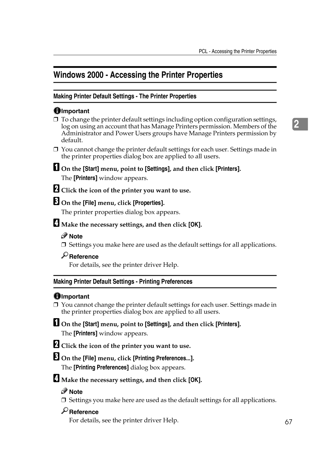 Ricoh LD215c, GS 106 Windows 2000 Accessing the Printer Properties, Making Printer Default Settings The Printer Properties 