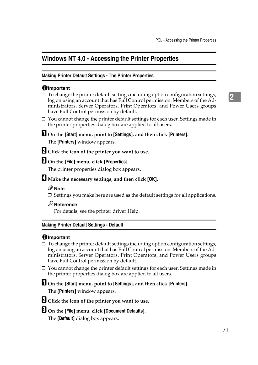 Ricoh GS 106, LD215c, SGC 1506 Windows NT 4.0 Accessing the Printer Properties, Making Printer Default Settings Default 