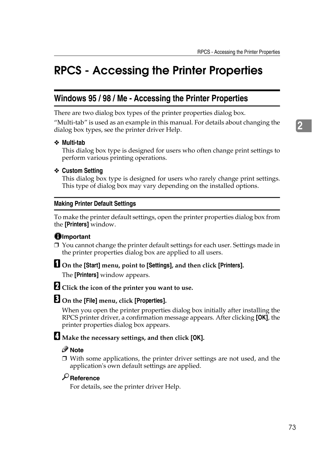 Ricoh LD215c, GS 106, SGC 1506 appendix Rpcs Accessing the Printer Properties, Multi-tab, Custom Setting 