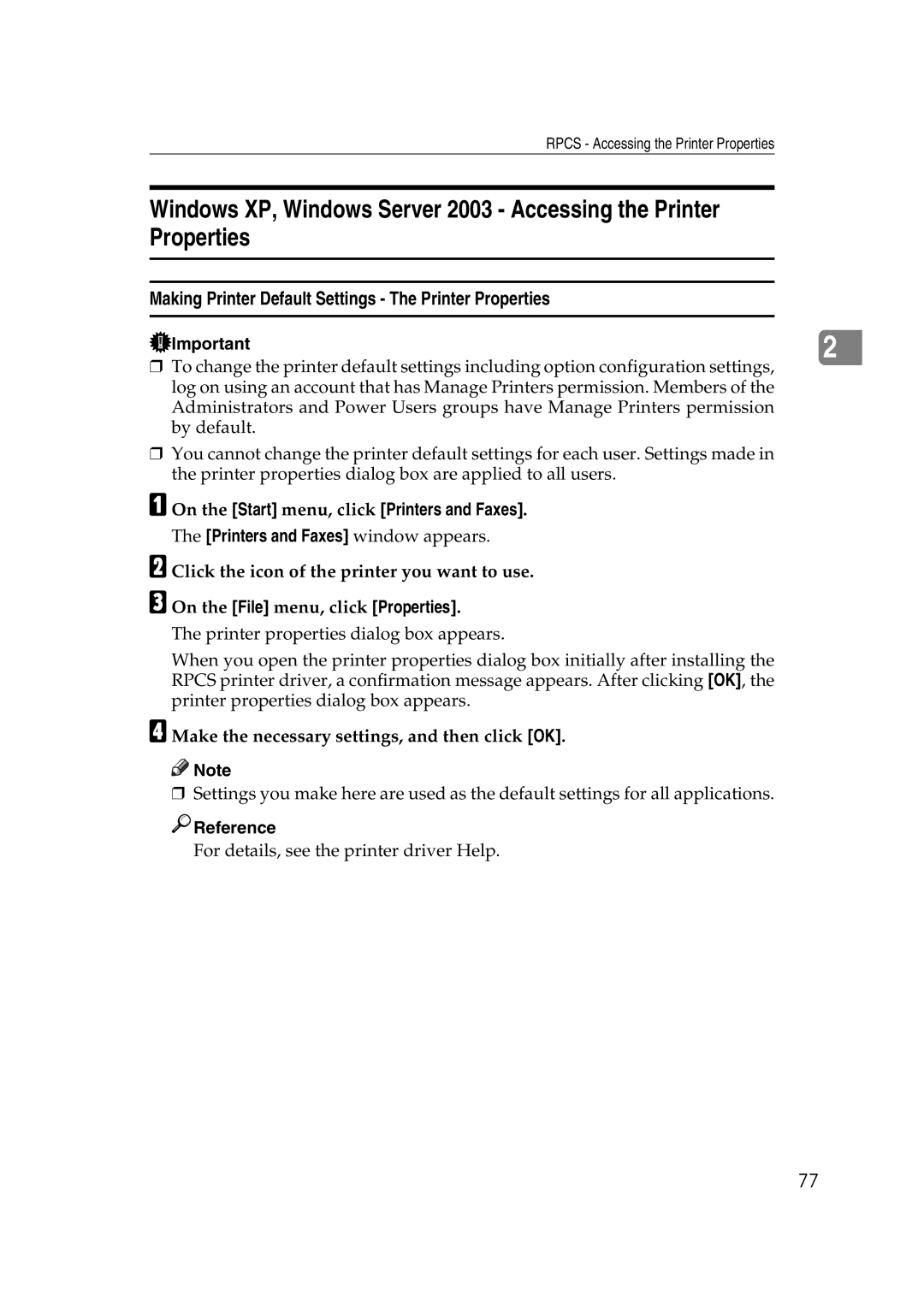 Ricoh GS 106, LD215c, SGC 1506 appendix Making Printer Default Settings The Printer Properties 