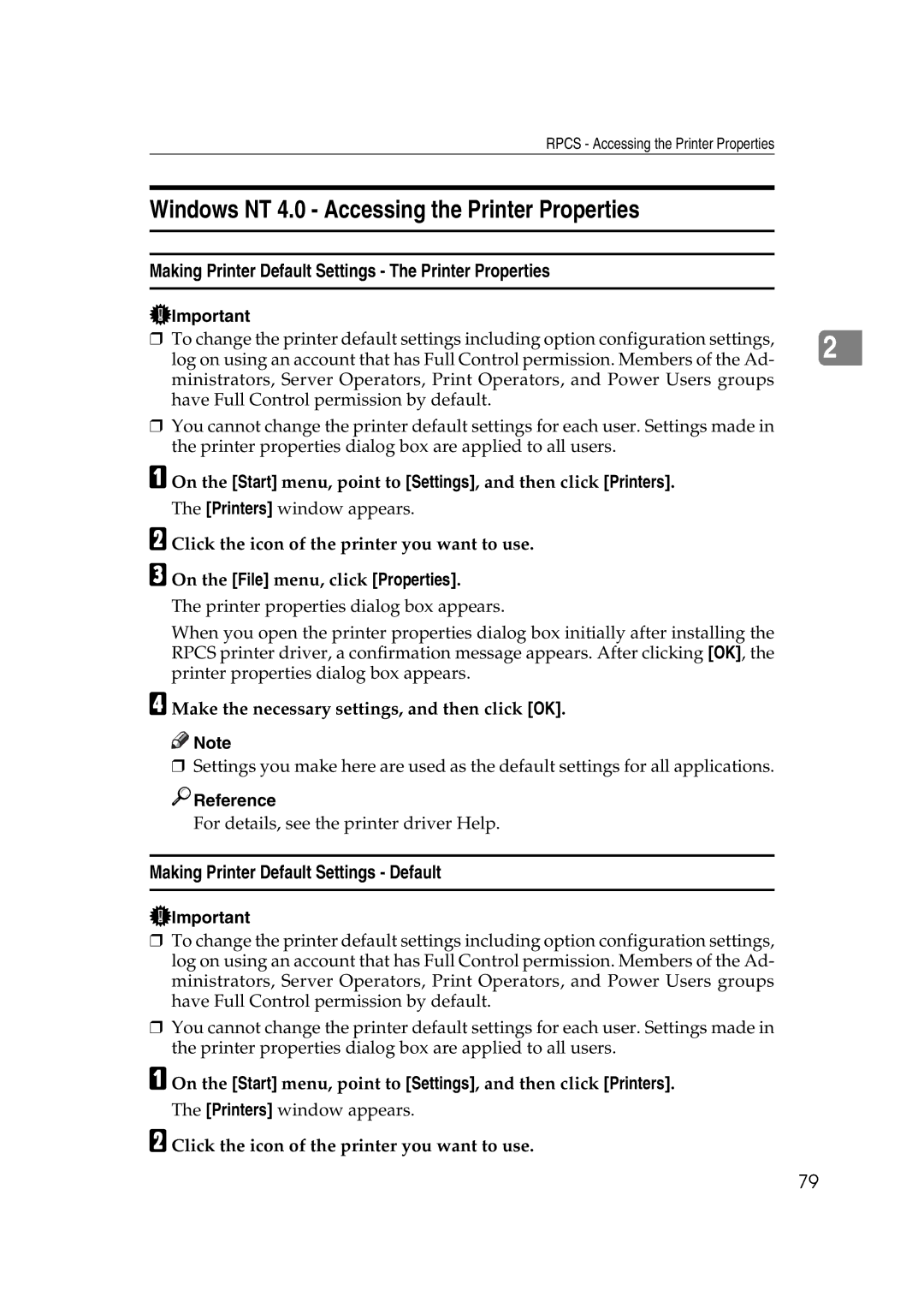 Ricoh LD215c, GS 106, SGC 1506 appendix Windows NT 4.0 Accessing the Printer Properties 