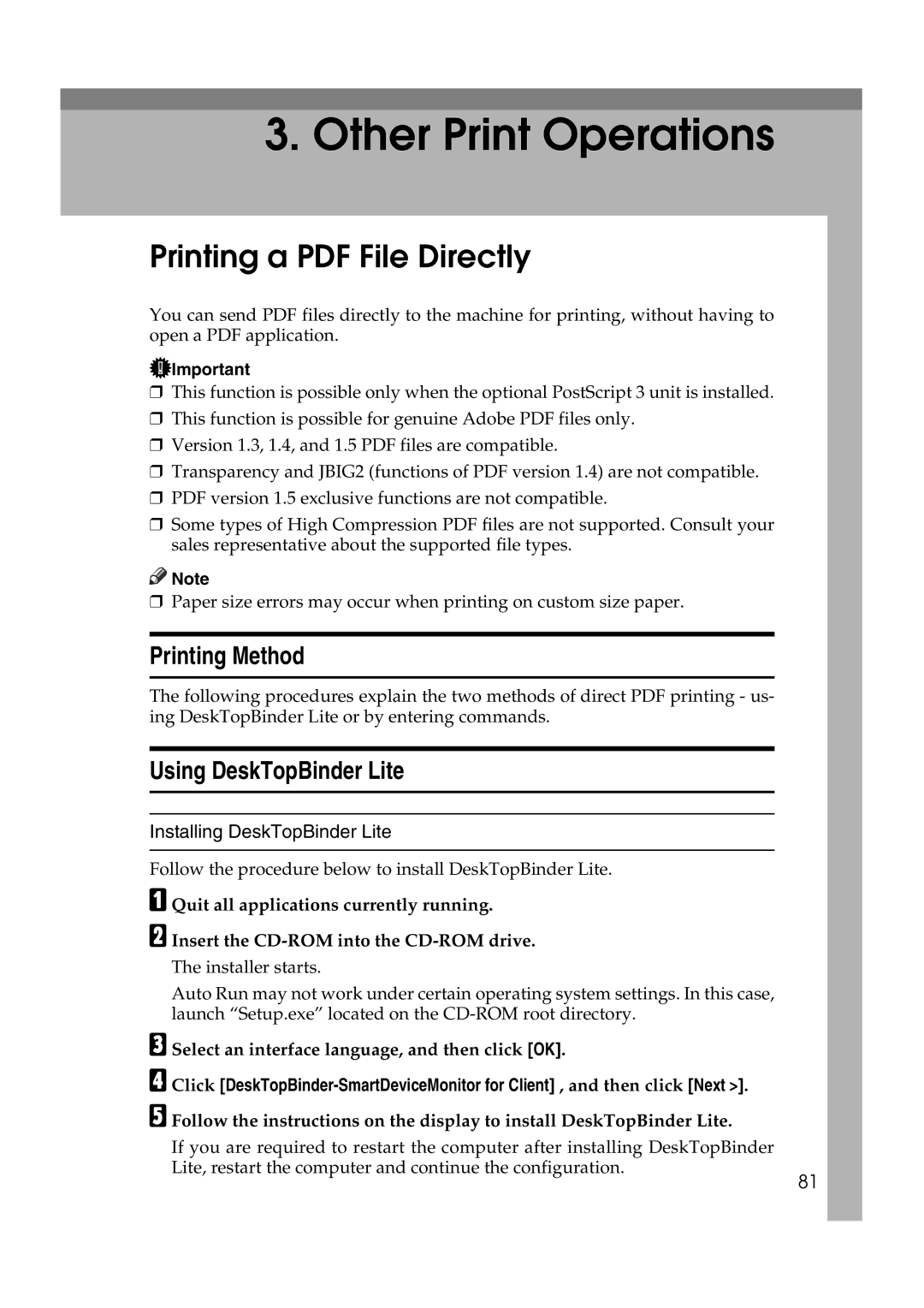 Ricoh SGC 1506, LD215c, GS 106 appendix Other Print Operations, Printing Method Using DeskTopBinder Lite 