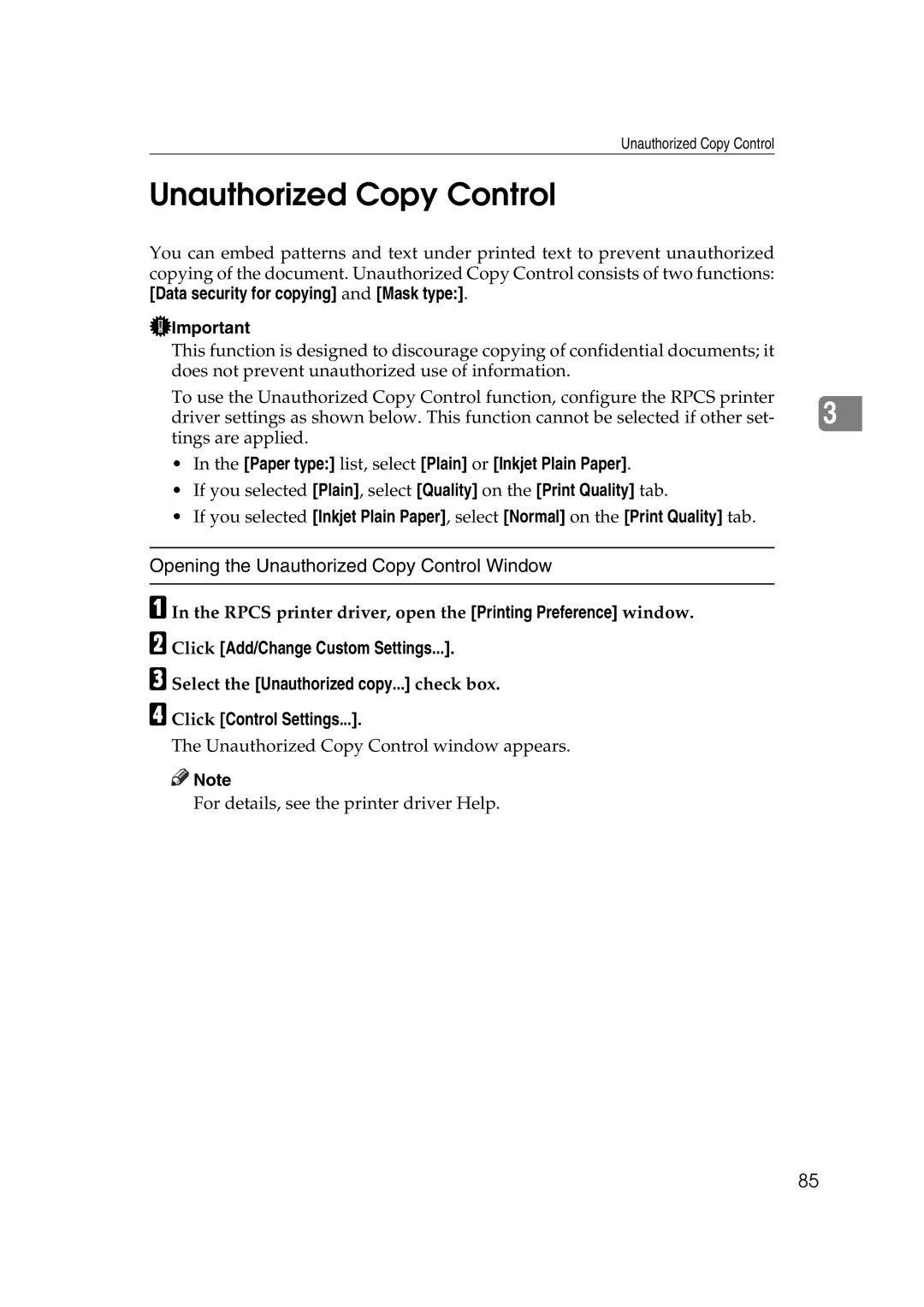 Ricoh LD215c, GS 106, SGC 1506 appendix Unauthorized Copy Control, Paper type list, select Plain or Inkjet Plain Paper 