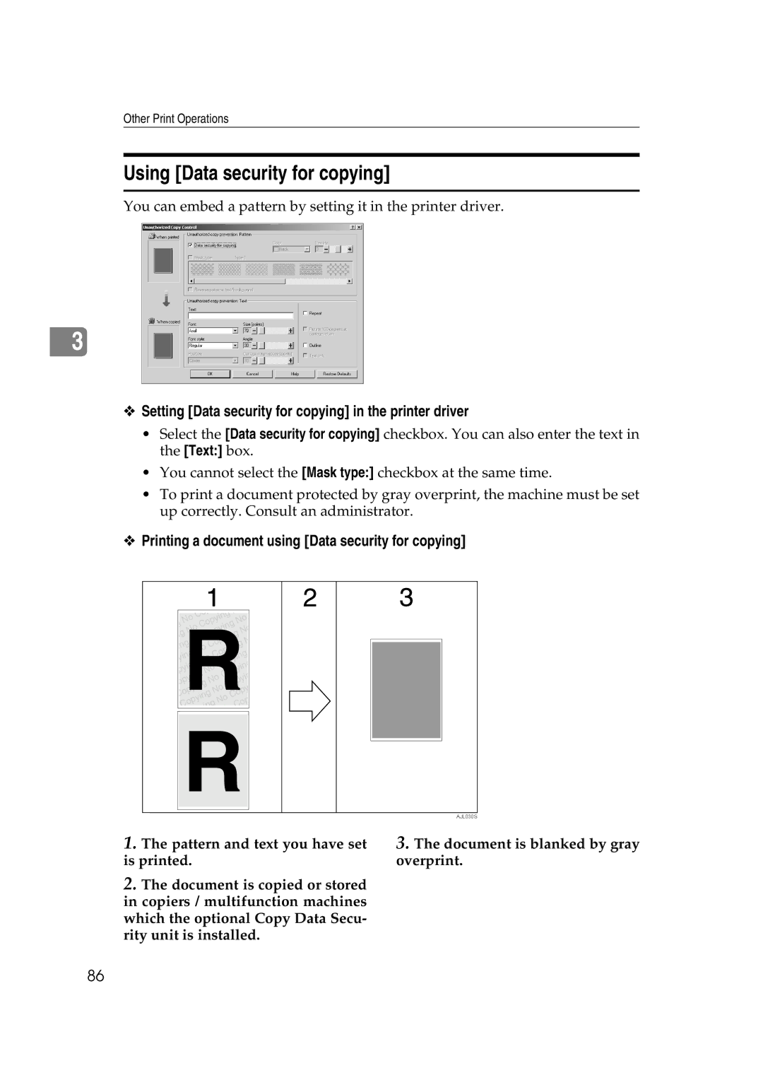 Ricoh GS 106, LD215c, SGC 1506 Using Data security for copying, Setting Data security for copying in the printer driver 