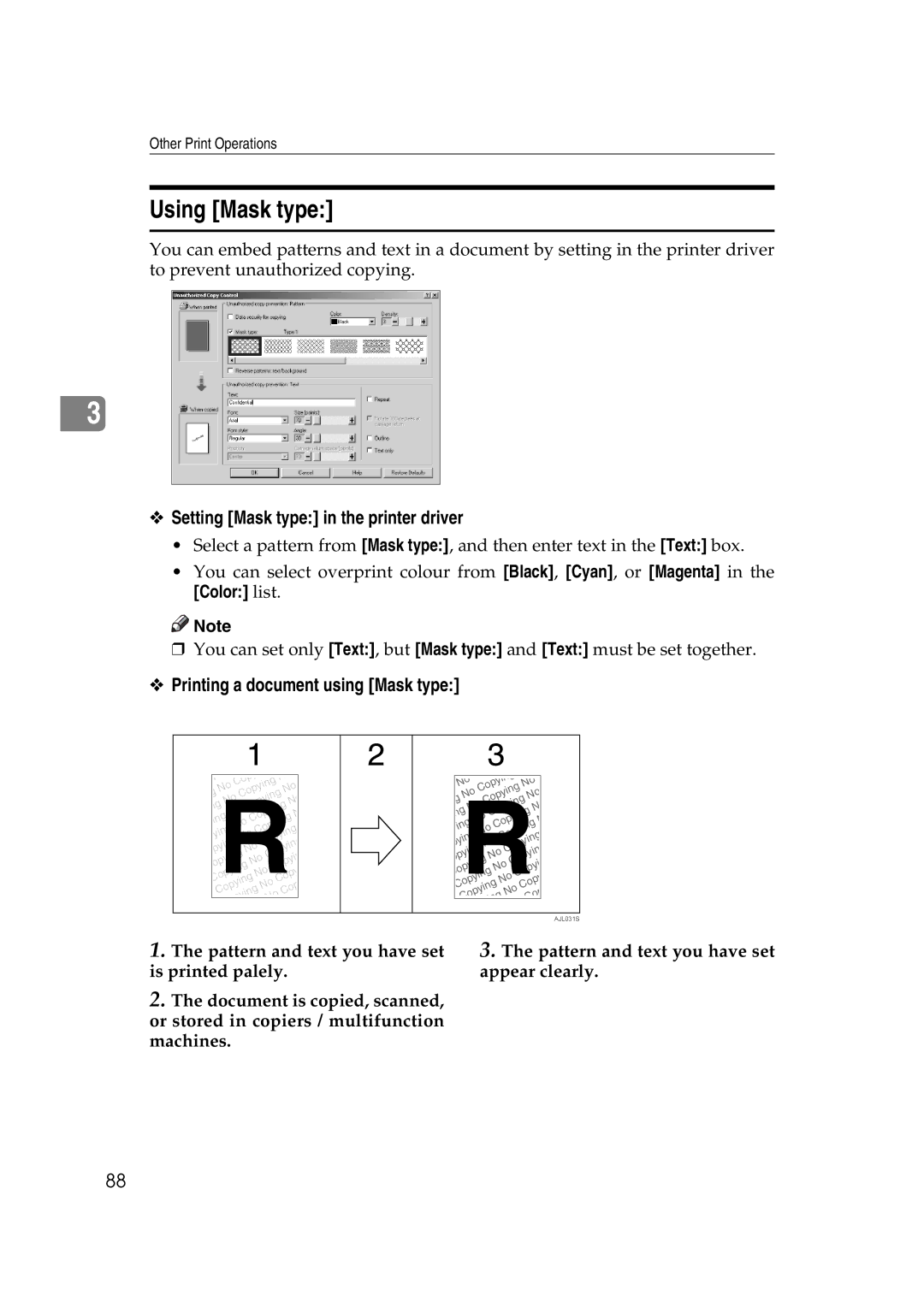 Ricoh LD215c Using Mask type, Setting Mask type in the printer driver, Printing a document using Mask type, Color list 