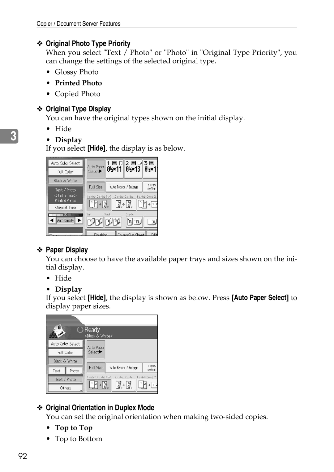 Ricoh LD435c Original Photo Type Priority, Original Type Display, Paper Display, Original Orientation in Duplex Mode 