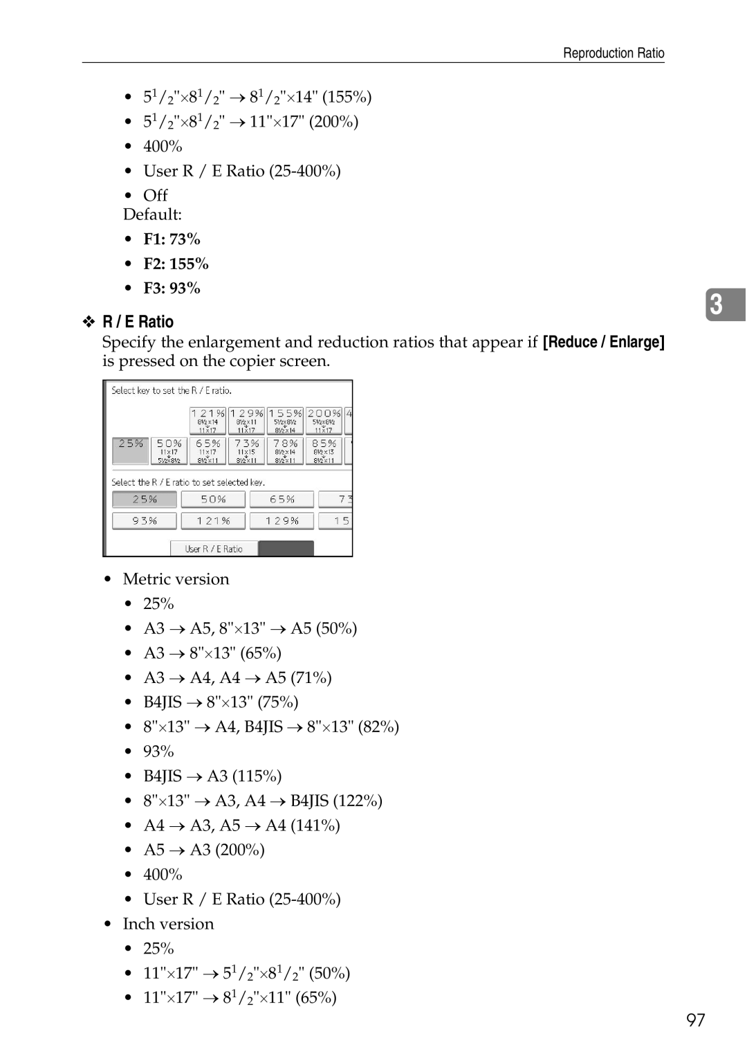 Ricoh LD435c operating instructions Ratio, F1 73% F2 155% F3 93% 