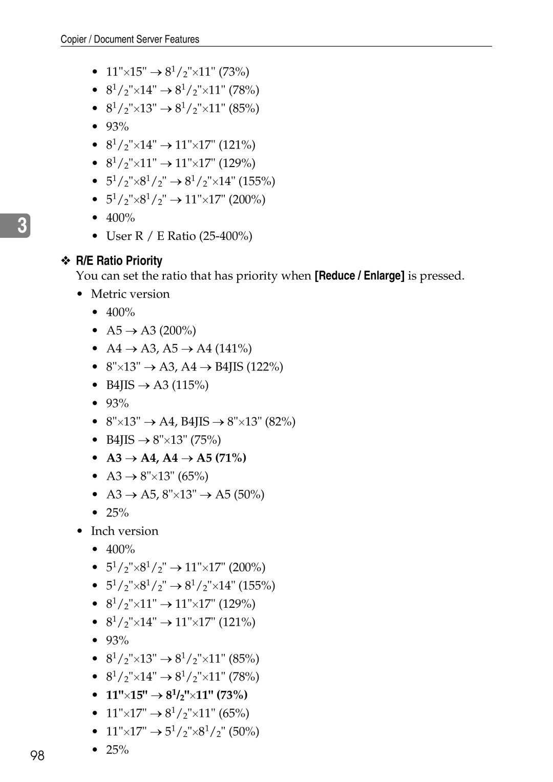 Ricoh LD435c operating instructions Ratio Priority, A3 → A4, A4 → A5 71%, 11⋅15 → 81/2⋅11 73% 