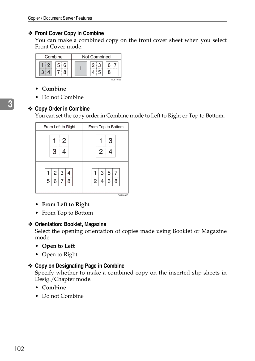 Ricoh LD435c operating instructions Front Cover Copy in Combine, Copy Order in Combine, Orientation Booklet, Magazine, 102 