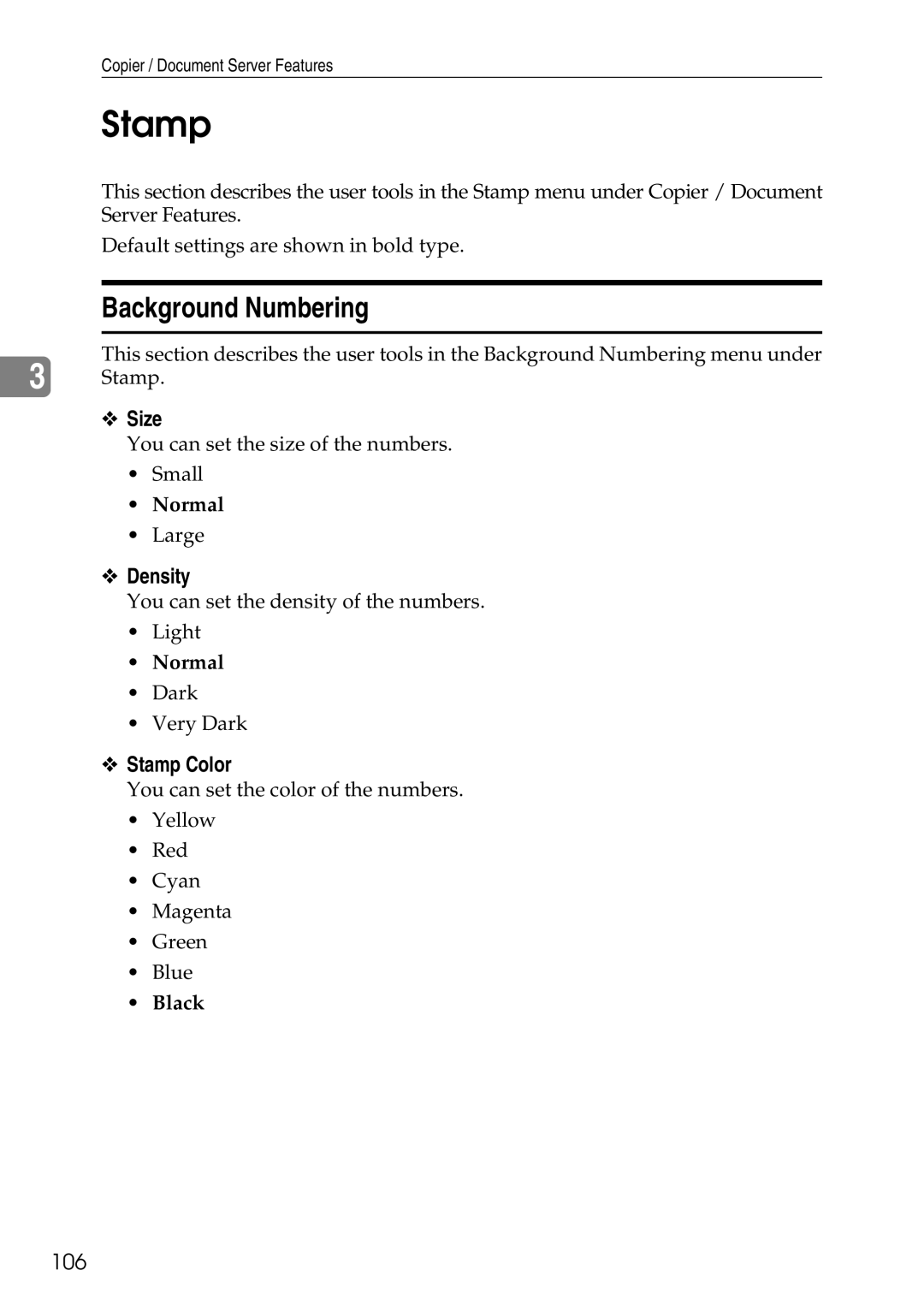 Ricoh LD435c operating instructions Background Numbering, Size, Density, Stamp Color 