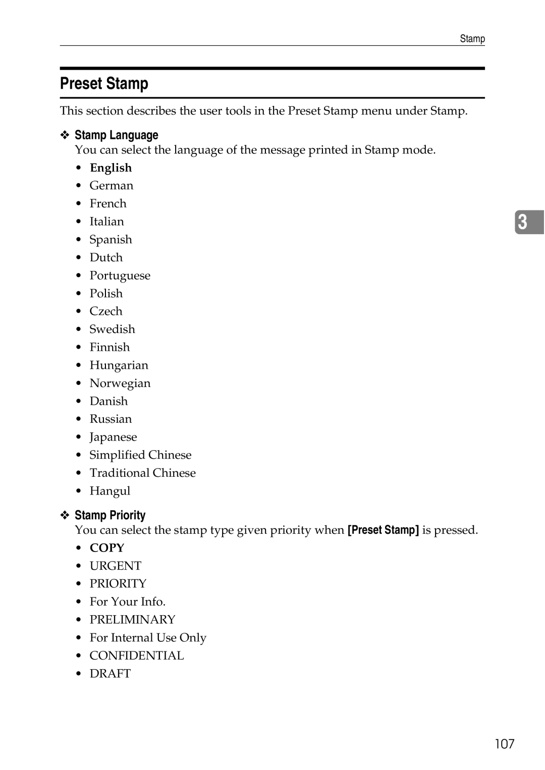 Ricoh LD435c operating instructions Preset Stamp, Stamp Language, Stamp Priority, 107, English 