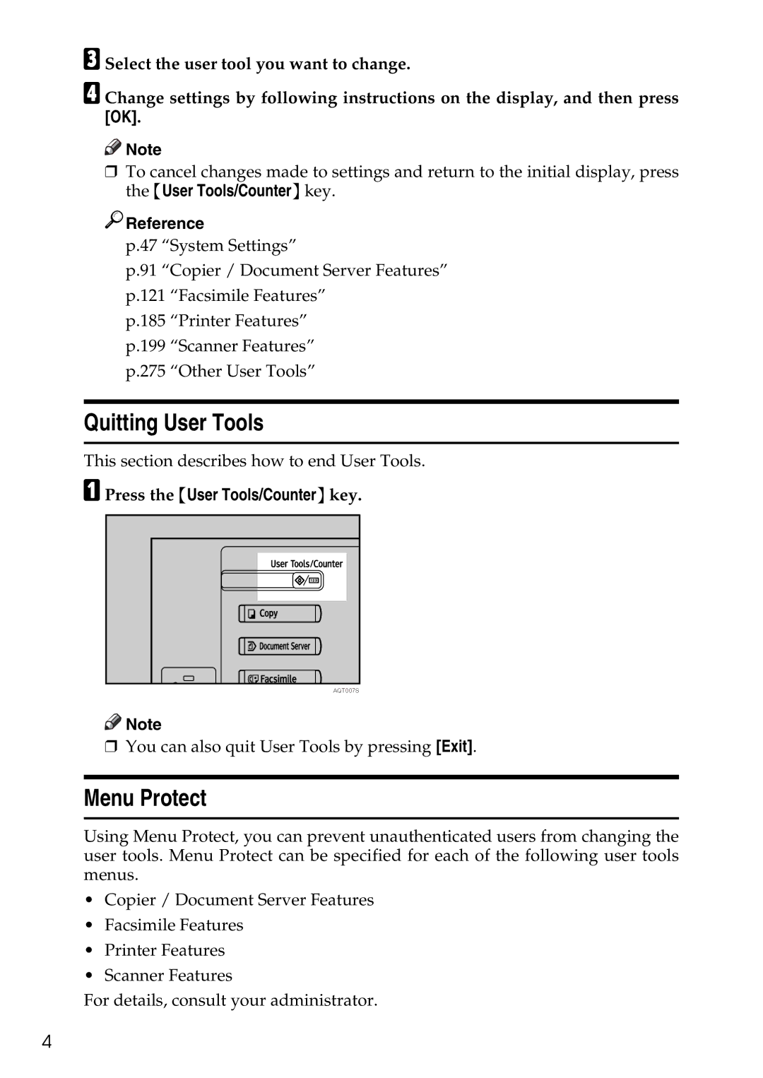 Ricoh LD435c operating instructions Quitting User Tools, Menu Protect 