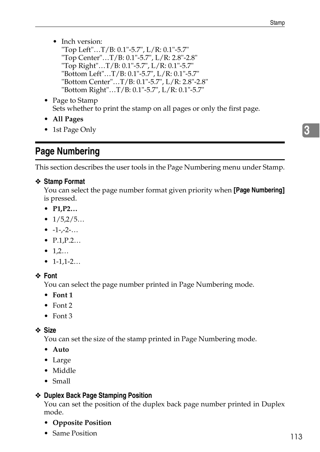 Ricoh LD435c operating instructions Numbering, Duplex Back Page Stamping Position, 113, P1,P2…, Opposite Position 