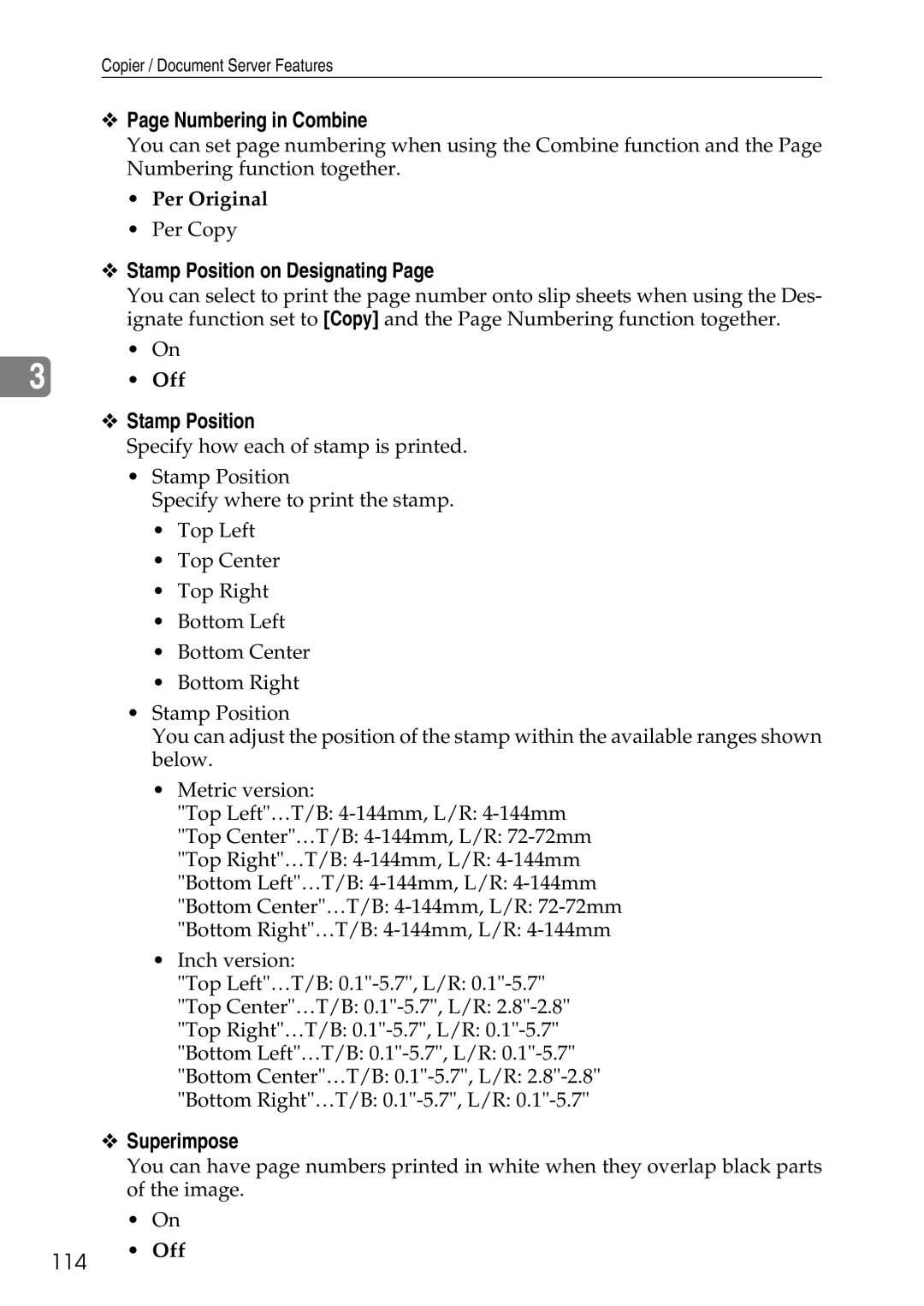 Ricoh LD435c operating instructions Numbering in Combine, Stamp Position on Designating, 114, Per Original 