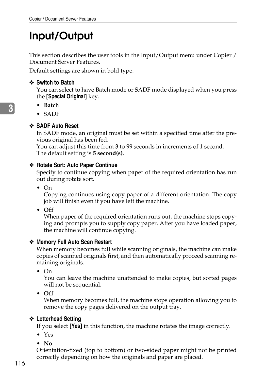 Ricoh LD435c Input/Output, Sadf Auto Reset, Rotate Sort Auto Paper Continue, Memory Full Auto Scan Restart 