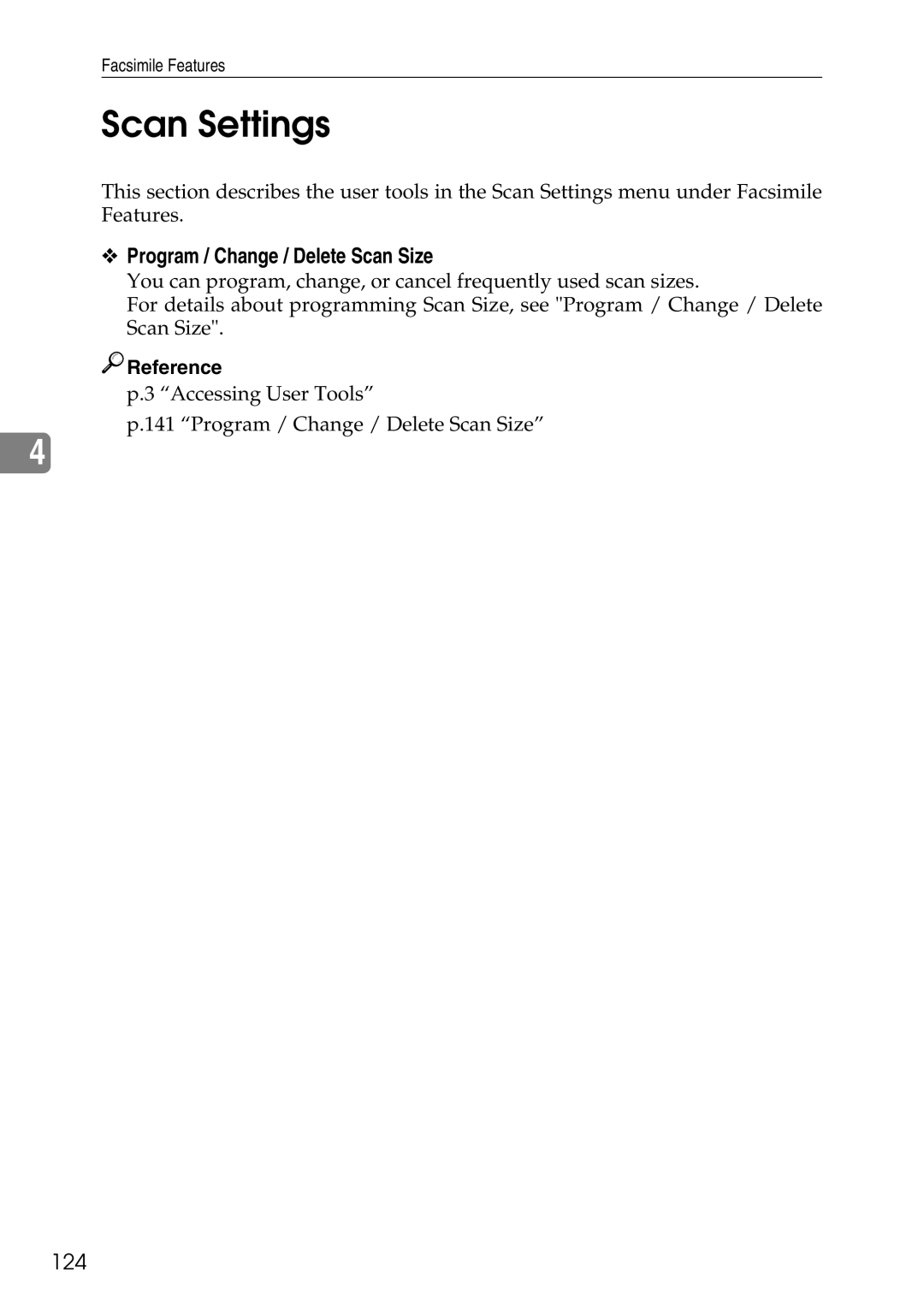Ricoh LD435c operating instructions Scan Settings, Program / Change / Delete Scan Size, 124 