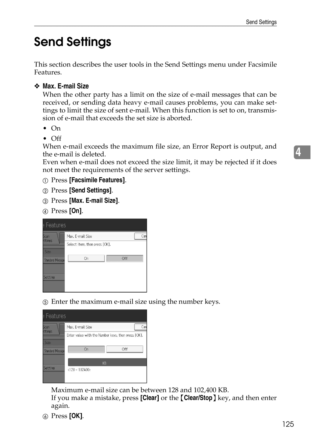 Ricoh LD435c operating instructions Send Settings, Max. E-mail Size, 125 