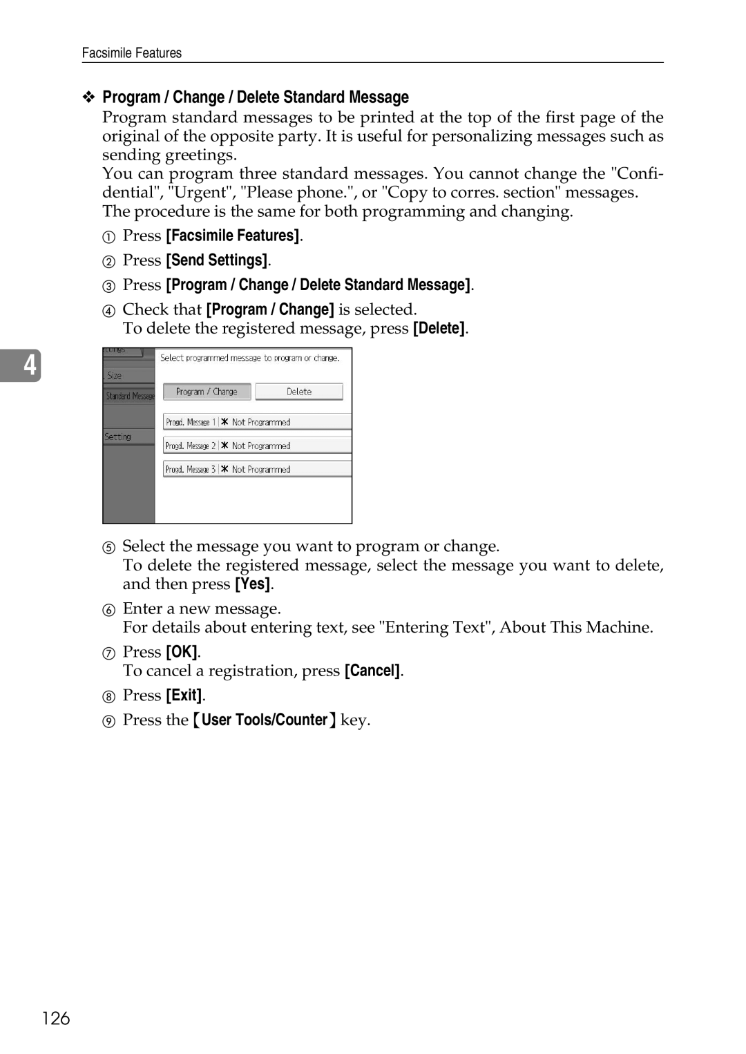 Ricoh LD435c operating instructions Program / Change / Delete Standard Message, 126 