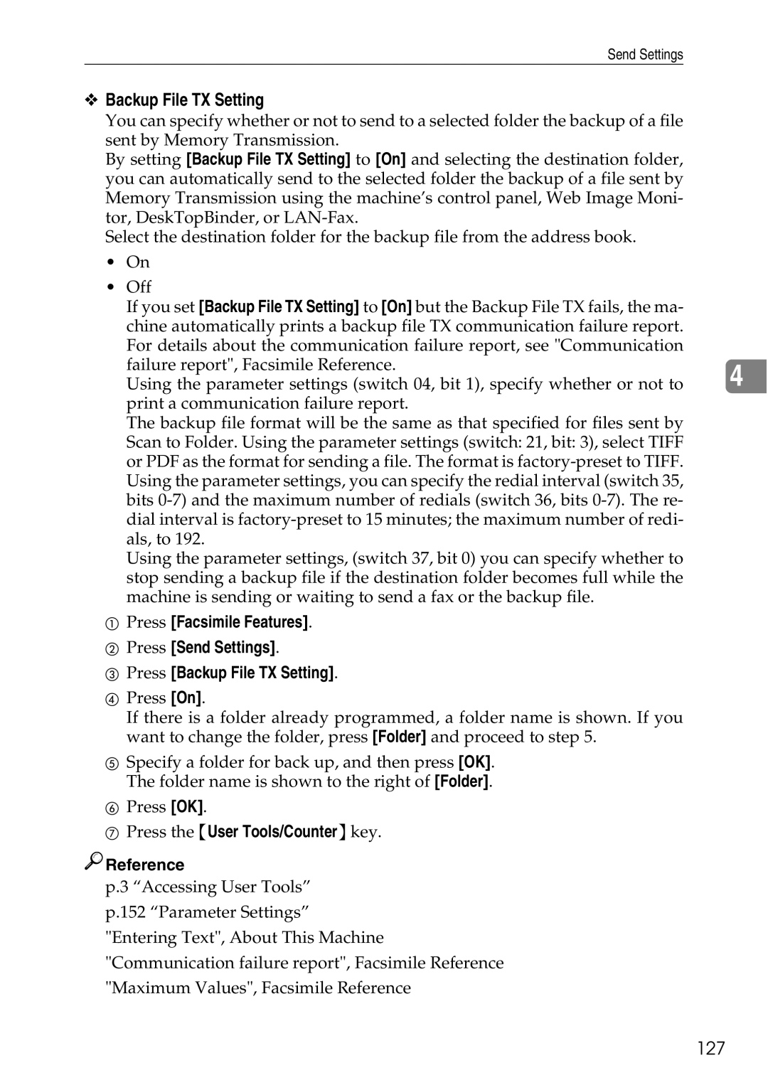 Ricoh LD435c operating instructions Backup File TX Setting, 127 