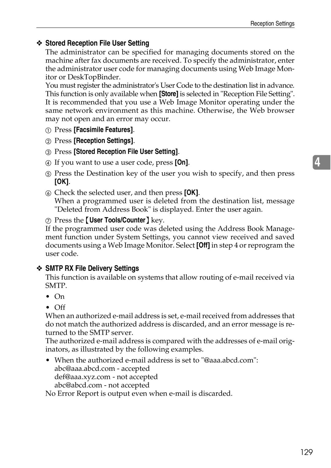 Ricoh LD435c operating instructions Stored Reception File User Setting, Smtp RX File Delivery Settings, 129 