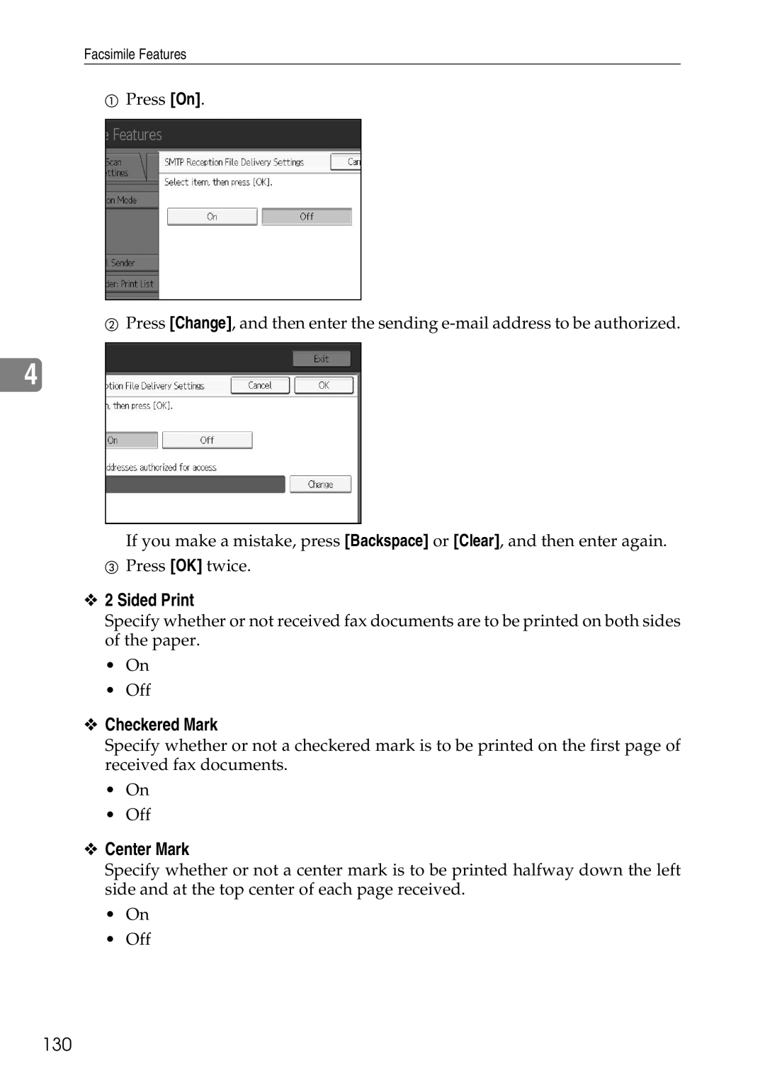 Ricoh LD435c operating instructions Sided Print, Checkered Mark, Center Mark, 130 