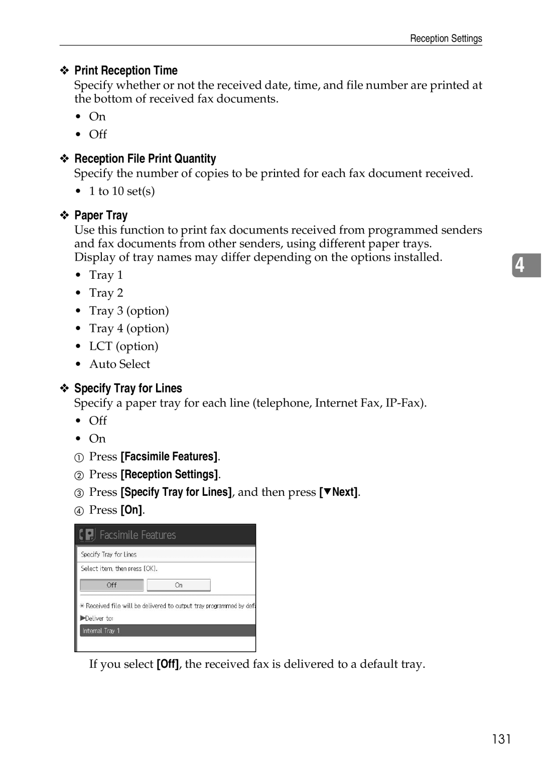 Ricoh LD435c Print Reception Time, Reception File Print Quantity, Paper Tray, Specify Tray for Lines, 131 