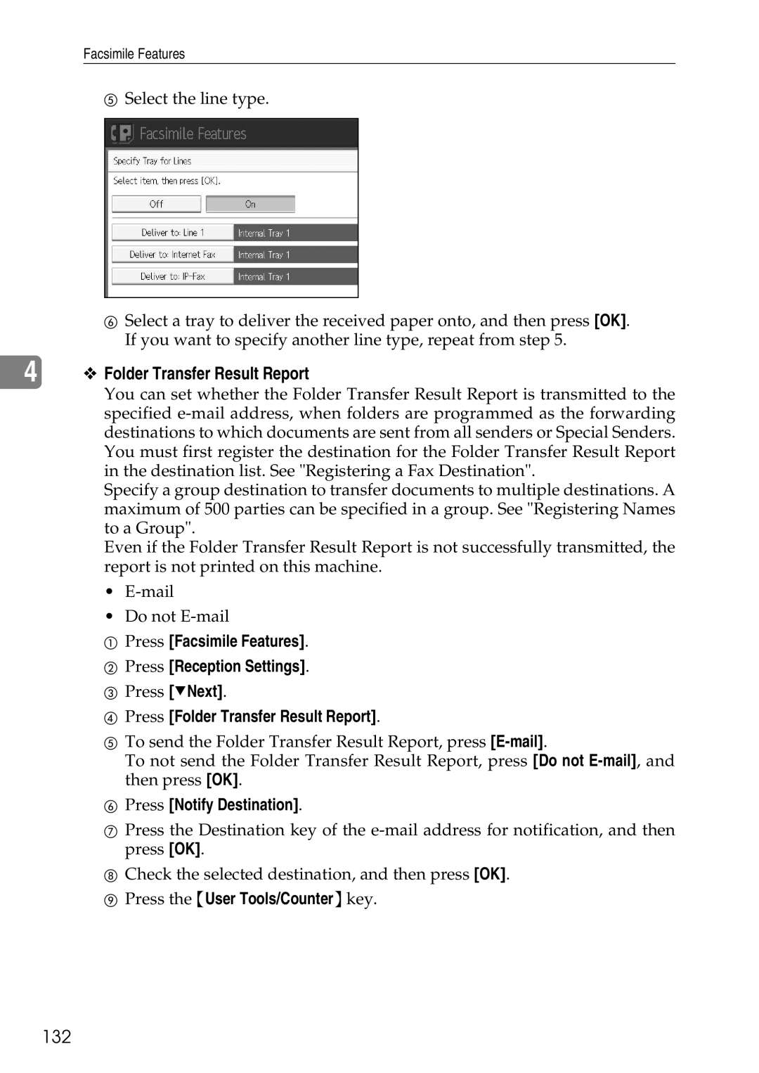 Ricoh LD435c 132, Press Facsimile Features Press Reception Settings, Press Folder Transfer Result Report 