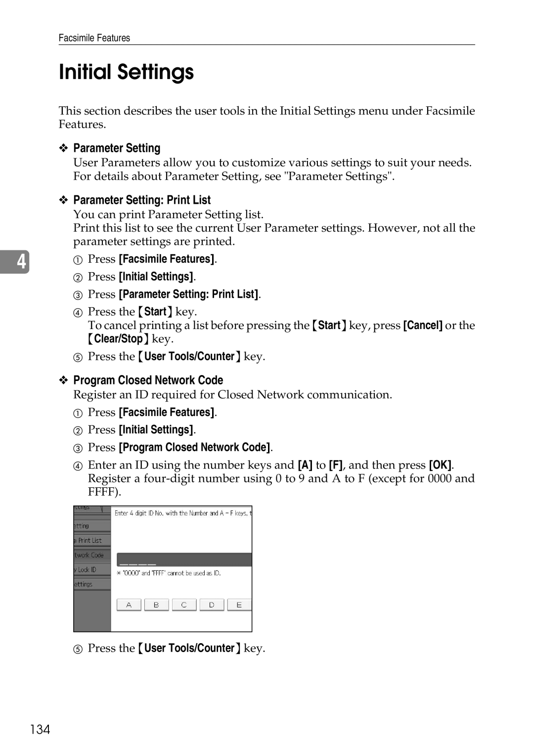 Ricoh LD435c operating instructions Initial Settings, Parameter Setting Print List, Program Closed Network Code, 134 