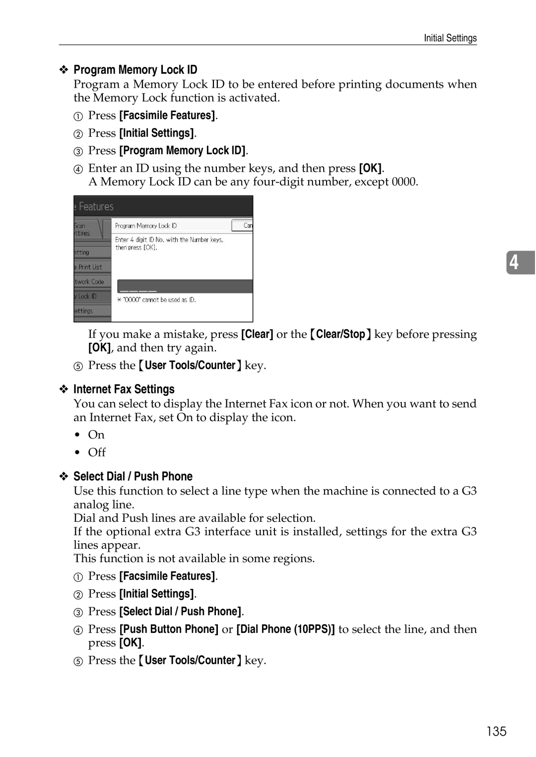 Ricoh LD435c operating instructions Program Memory Lock ID, Internet Fax Settings, Select Dial / Push Phone, 135 