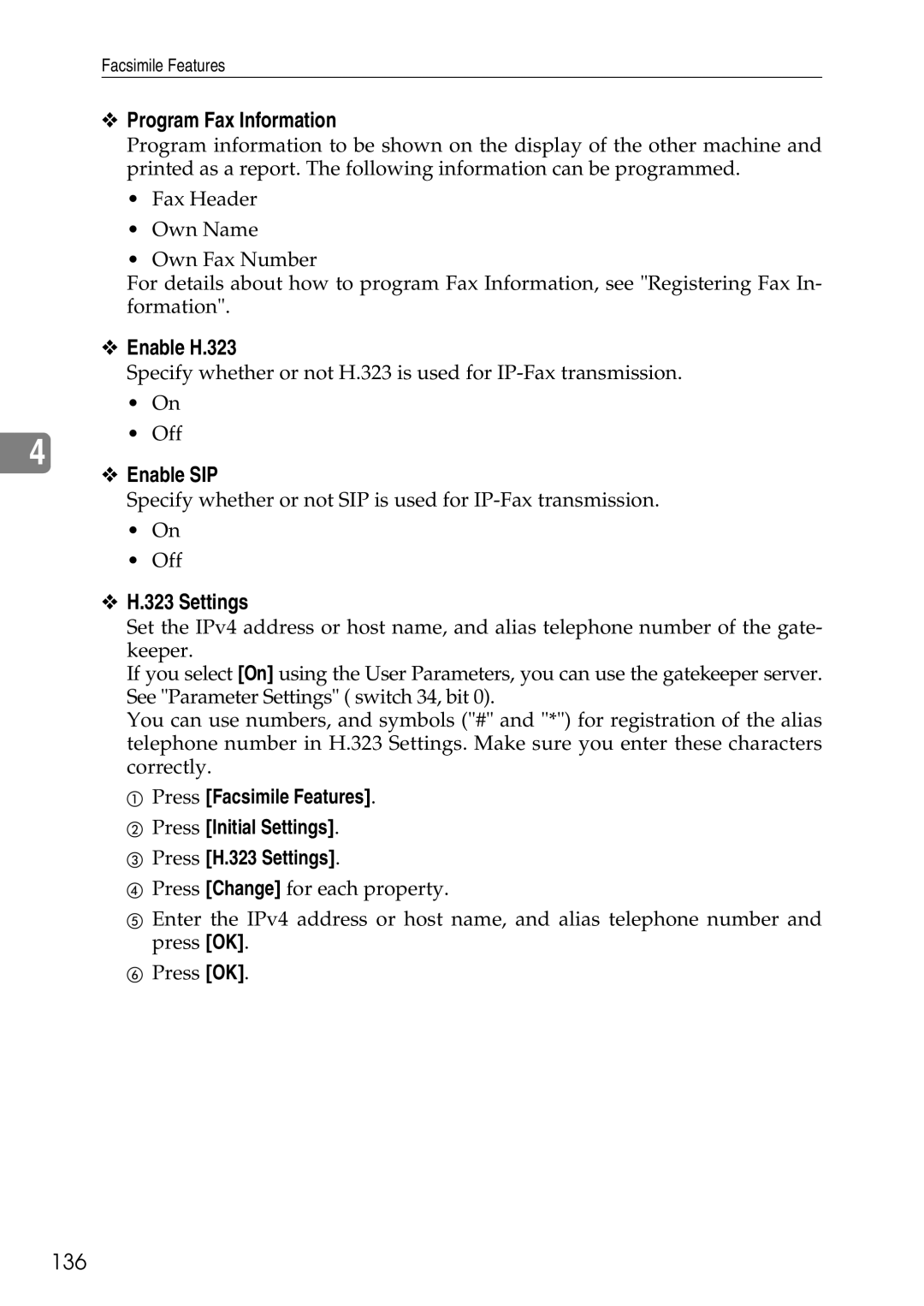 Ricoh LD435c operating instructions Program Fax Information, Enable H.323, Enable SIP, Settings, 136 