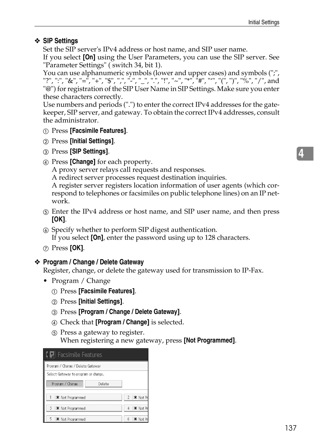 Ricoh LD435c operating instructions SIP Settings, Program / Change / Delete Gateway, 137 