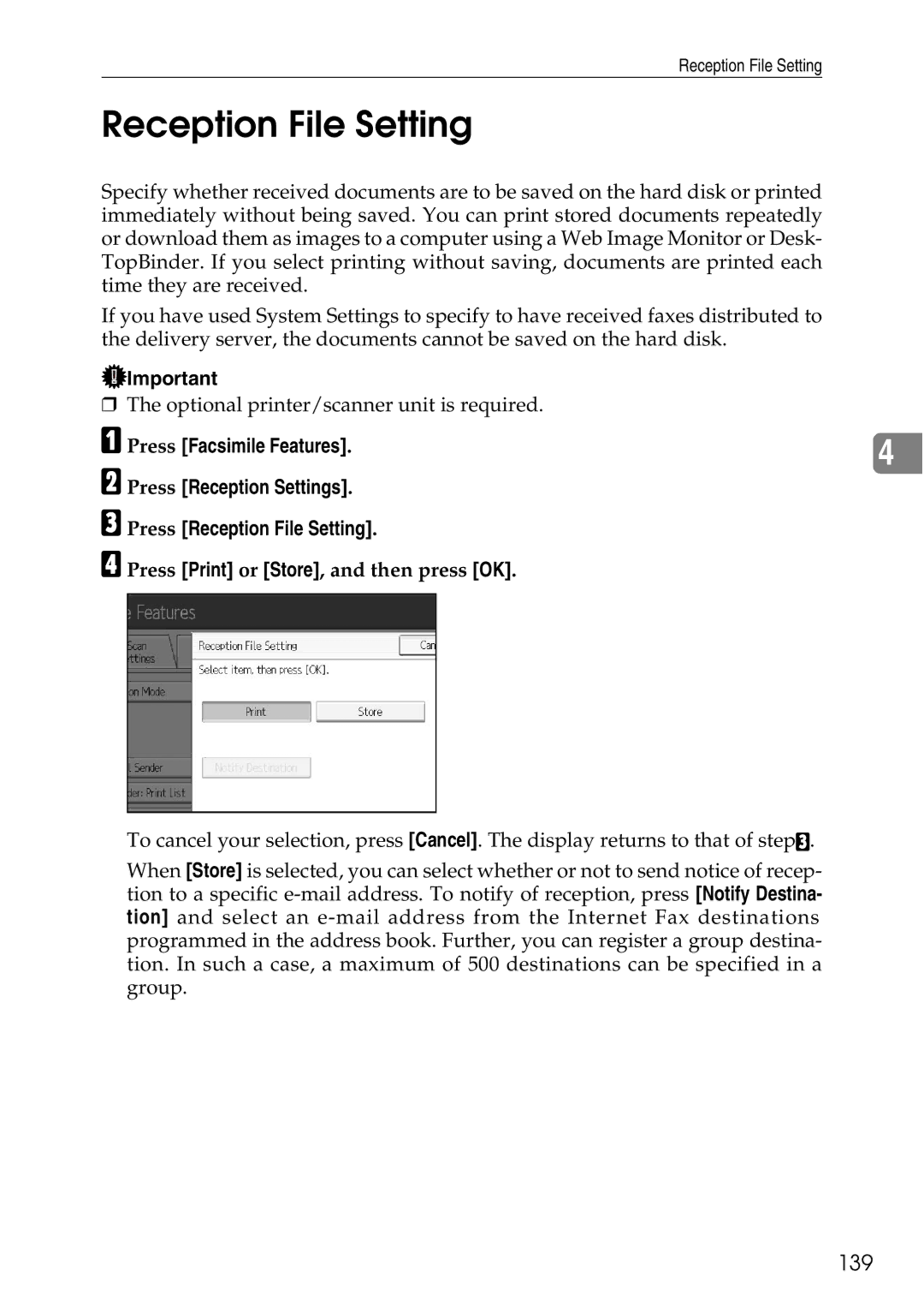 Ricoh LD435c operating instructions Reception File Setting, 139, Press Print or Store, and then press OK 