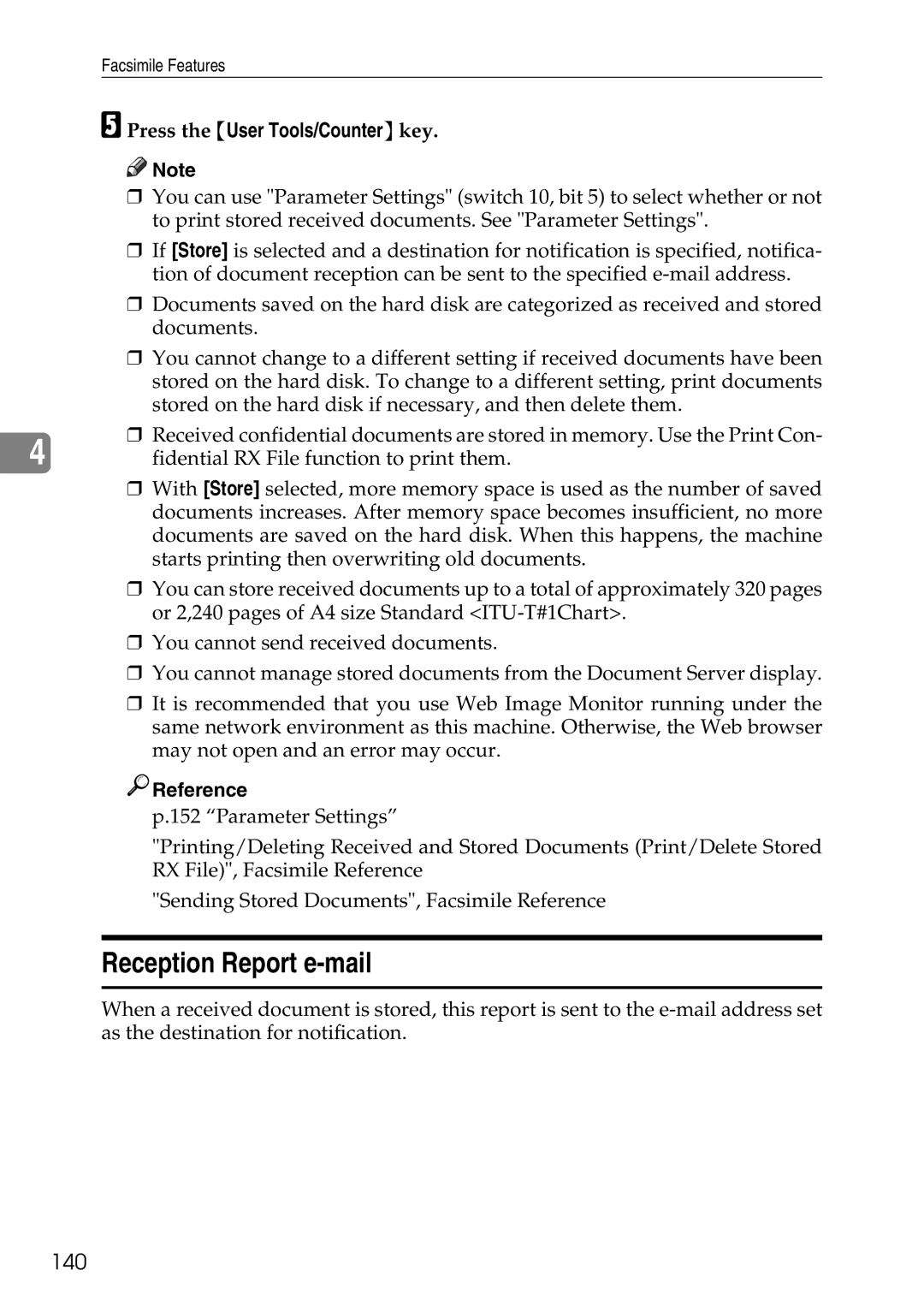 Ricoh LD435c operating instructions Reception Report e-mail, 140 