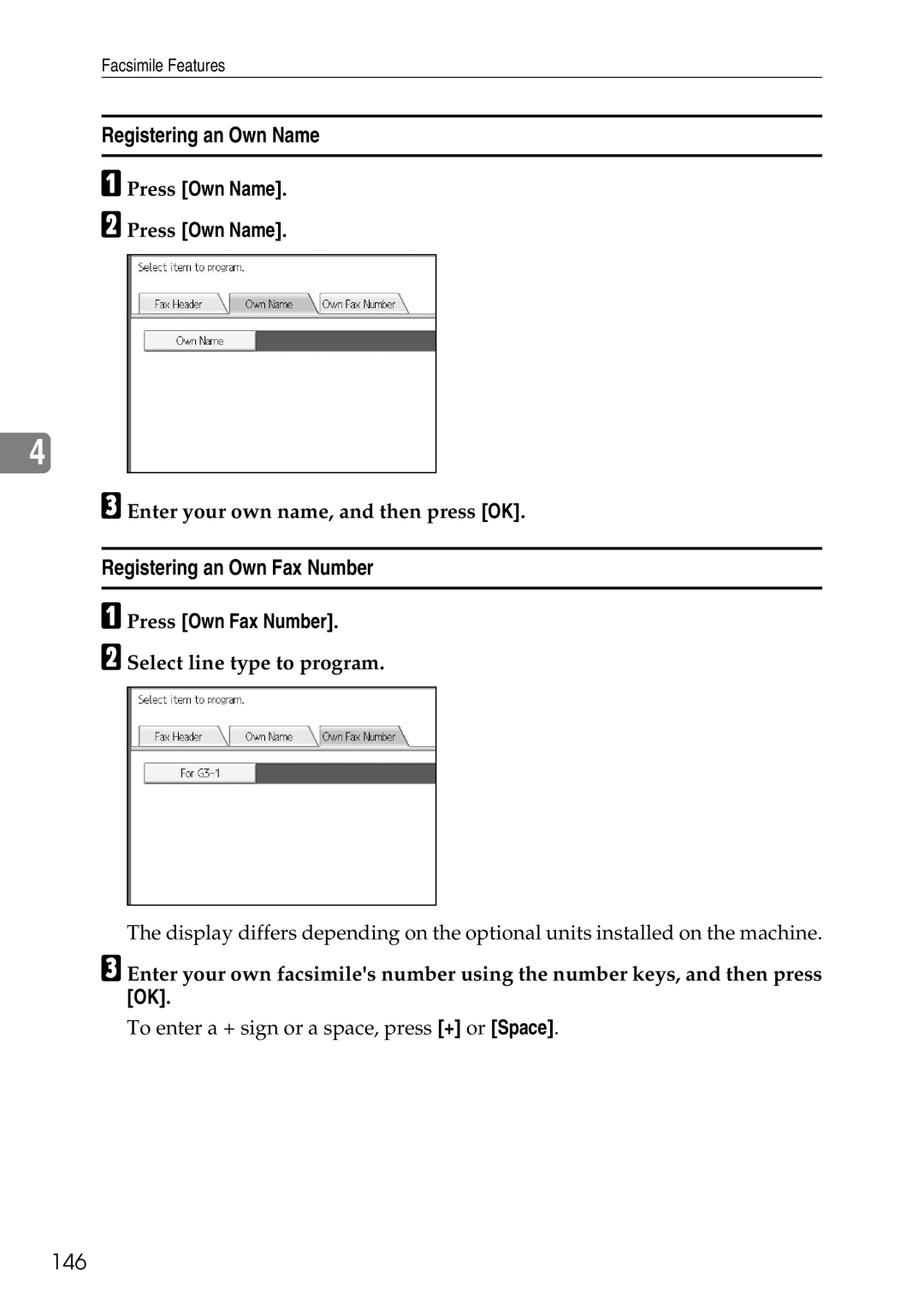 Ricoh LD435c Registering an Own Name, Registering an Own Fax Number, 146, Press Own Name, Press Own Fax Number 