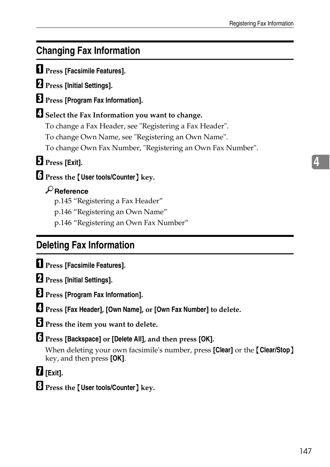 Ricoh LD435c Changing Fax Information, Deleting Fax Information, 147, Press Backspace or Delete All, and then press OK 