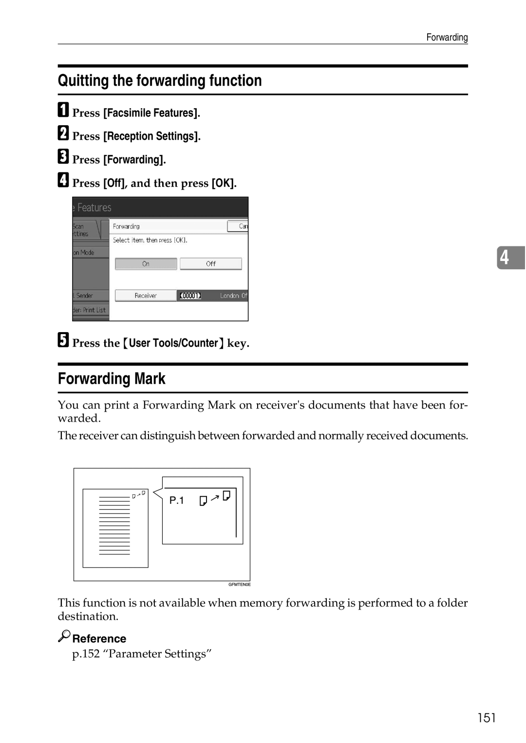 Ricoh LD435c operating instructions Quitting the forwarding function, Forwarding Mark, 151, Press Off, and then press OK 